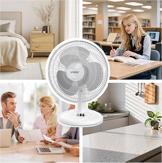shinic 12-Inch Oscillating Table Fan, 3-Speed Quiet Desk Fan with Adjustable Tilt & Safety Grill, ETL Listed Portable Tabletop Fan for Bedroom, Home Office, Kitchen, Dorm