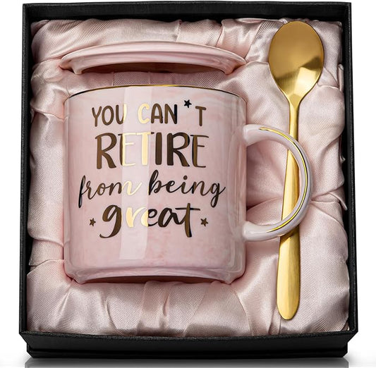 Funny Retirement Gifts for Woman 2026, You Can't Retire From Being Great - 14oz Pink Marble Gold Print Mug, Inspirational Farewell Gift for Retirees Coworker, Retired Women, Greeting card, Gift Boxed
