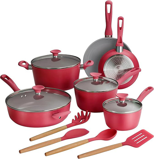 Tramontina Solara 14-Piece Ceramic Non Stick Cookware Set with Lids, Heavy-Gauge Aluminum Pots and Pans Kitchen Set with Nonstick Coating, Dishwasher and Oven Safe (Red)