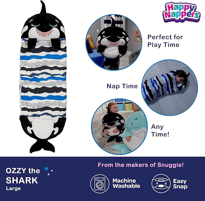 Happy Nappers: Pillow & Sleepy Sack: Large - Ozzy The Black Shark - 66 x 30, 2-in-1: Plush Animal Opens to Sleeping Bag, Soft Play Character, Kids 3+