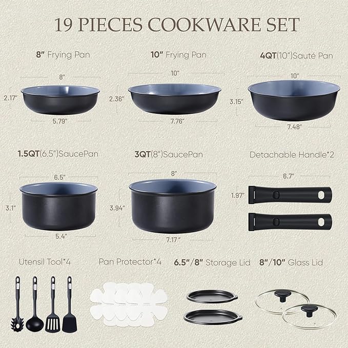 CAROTE 19PCS Ceramic Cookware Sets, Black and Gray, Pots and Pans Set Non Stick Non Toxic, Induction Cookware, Kitchen Cookware Sets, Pots Set for Healthy Cooking