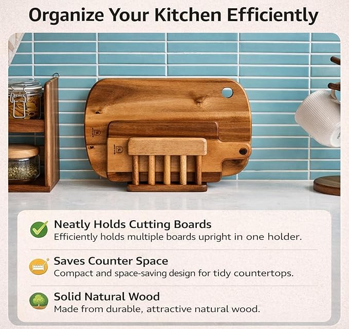 LENITH Acacia Wood Cutting Board Holder – Dual Slot, Smooth Solid Wood, Elegant Kitchen Organizer_1ea