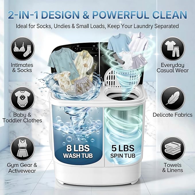 SUPER DEAL Compact Mini Twin Tub Washing Machine 13lbs Capacity Portable Washer Wash and Spin Cycle Combo, Built-in Gravity Drain for Camping, Apartments, Dorms, College, RV’s and Small Spaces