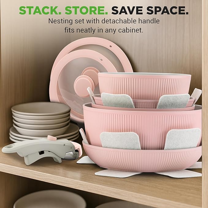 NutriChef 18-Piece Ceramic Cookware Set with Detachable Handles, Non Stick Pots and Pans, PTFE-Free Natural Ceramic Coating, Space-Saving Design, Oven & Stove Safe, Includes Utensils, Pink