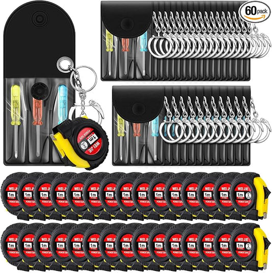Jutom 60 Pcs Mini Tape Measure Keychain Bulk Mini Screwdriver Keychain Set Adult Tool Party Prize for Father's Men Gifts