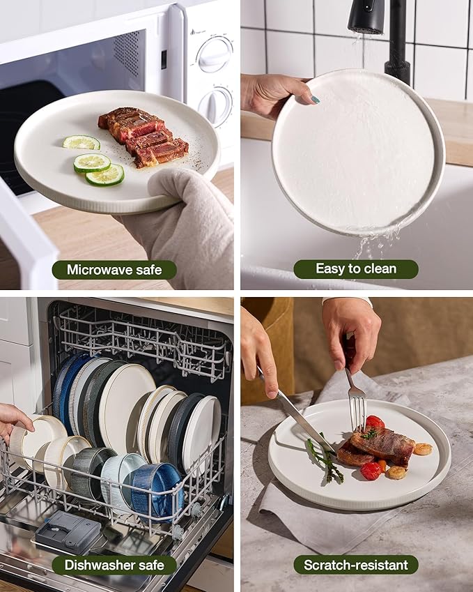 Famiware Star Dinnerware Set with Pasta Bowls, Service for 6 (24 Pieces), Ribbed Stoneware Plates and Double Bowls Sets - Chip & Scratch Resistant, Microwave & Dishwasher Safe Dishes, Matte White