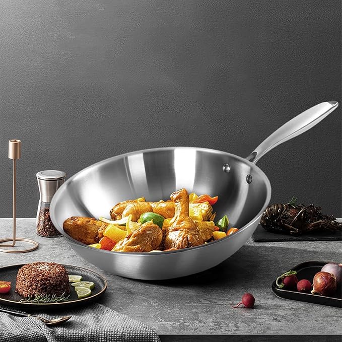 ZJchao Stainless Steel Wok Pan, Stir Frying Pan, Induction Cooking Wok with Handle Nonstick Stir Fry Cookware for Induction Electric Gas All Stove (32CM)