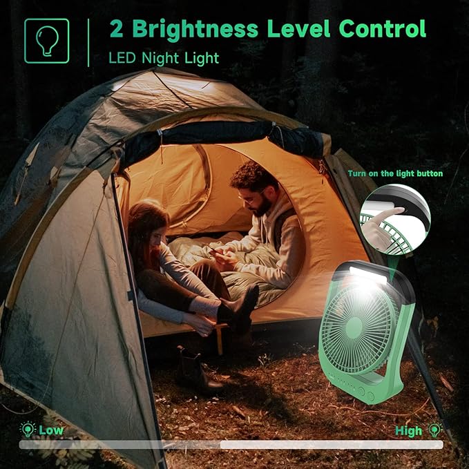 ATEngeus USB Desk Fan with 10000mAh Battery, 4 Speeds, 8“ Portable Camping Fan, 180°Rotation, LED Light, Timer, for Camping, Travel, Office and Home Use
