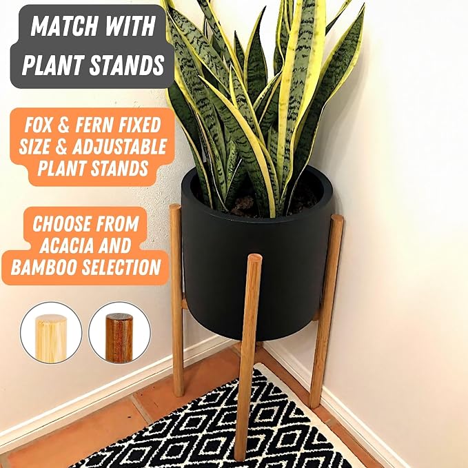 Fox & Fern Large Indoor Planter, Modern Large Plant Pot for Indoor or Outdoor, UV and Frost Resistant - 8 Inch, Matte Black Flower Pot with Drainage Plug, Lightweight