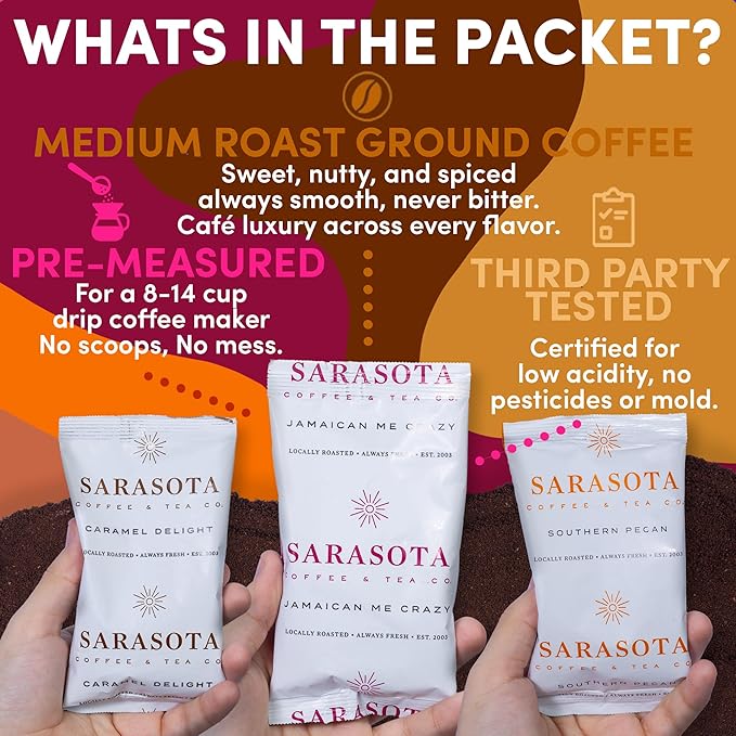 Flavored Ground Coffee Sampler Pack – Variety Gift Set, Medium Roast, Low Acid, Pre-Measured 2oz Pouches, Gourmet Bulk Coffee Packets for 12-Cup Drip Makers