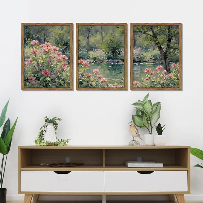 Framed Monet Wall Art Set of 3, Impressionist Botanical Floral Canvas Wall Decor, Vintage Cottagecore Artwork Paintings, Nature Landscape Flowers Prints Pictures for Living Room Bedroom 12x16 Inch