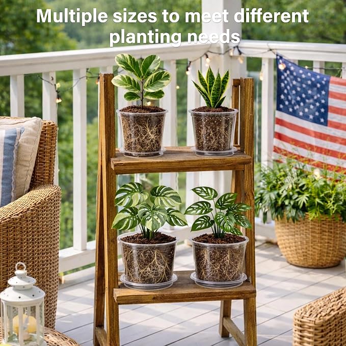 Bluepro Clear Nursery Pots with Saucers, 5/6/8/10 Inch, 12-Pack | Clear PET, 3 Each of Four Large Sizes, Drainage Holes, Root and Moisture Visibility, Indoor Plant Care, Repotting