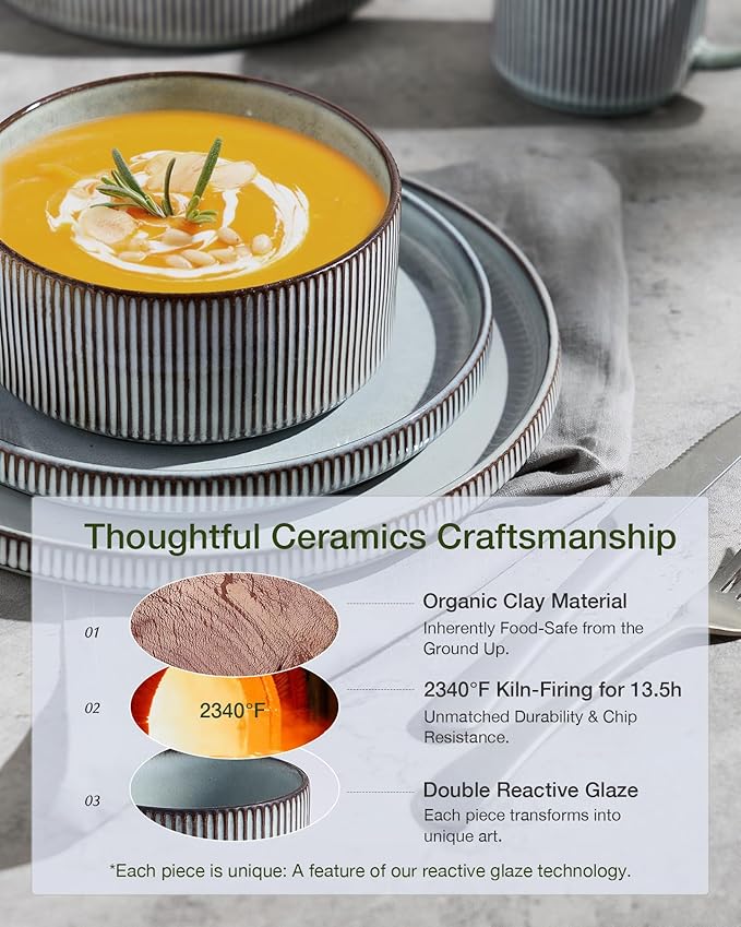 Famiware Star 24-Piece Plates and Bowls Set with Trim, Service for 8 - Stoneware Reactive Glaze Dinnerware, High Edge Ribbed Dishes, Chip & Scratch Resistant, Microwave & Dishwasher Safe, Smoky Blue