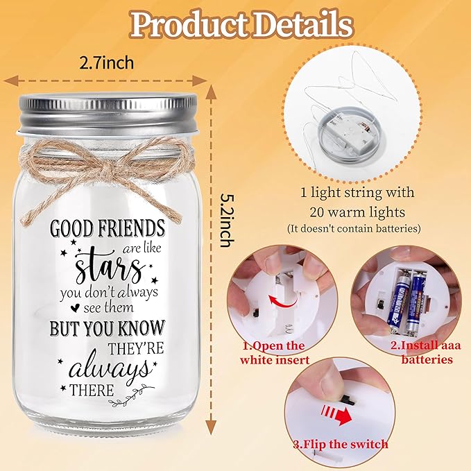 Friendship Gifts for Women, Gifts for Best Friend Woman, Best Friend Birthday Gift for Women, Gift for Friends for Valentines Day Christmas, Mason Jar Light Night Home Decor