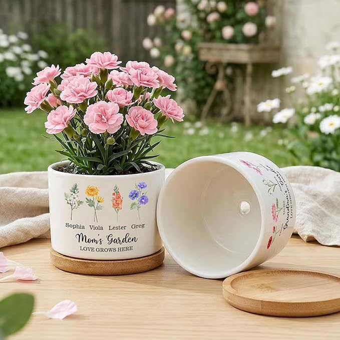 Personalized Mom Flower Pot, Custom Birth Flower Planter with Kids Names, Mom's Garden Plant Pot, Custom Grandma Gift, Gift for Mimi, Mama, Nana, Gigi