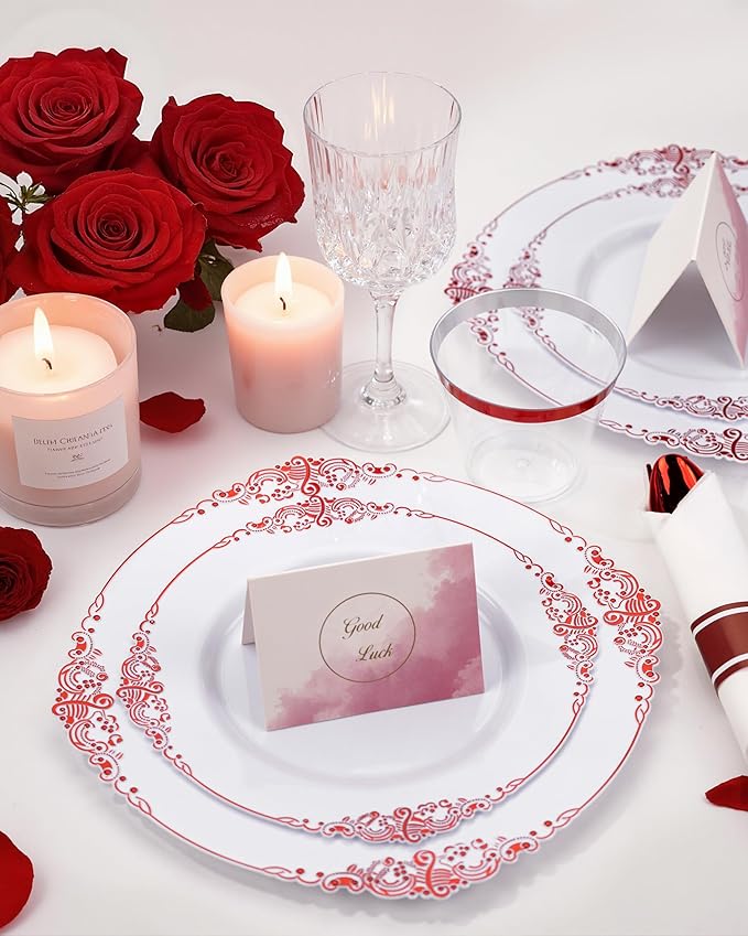 Nervure 350PCS Red Plastic Plates - White Red Plastic Dinnerware Set for 50 Guests - 100 Red Disposable Plates, 50 Pre Rolled Cutlery Set, 50 Cups Perfect for Wedding & Party & Mothers Day