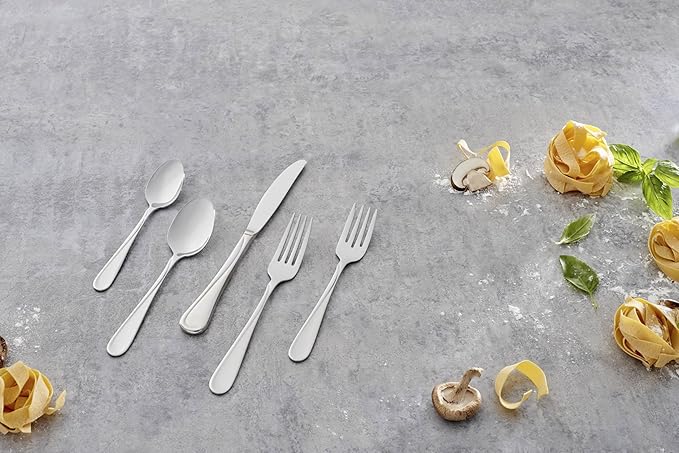 Oneida Silverware Set For 8, Flight 45-Piece Everyday Flatware Set with Serving Utensils, Service For 8, 18/0 Stainless Steel, Dishwasher Safe, Knives Spoons and Forks Set, Dining (Silver, 45 pieces)