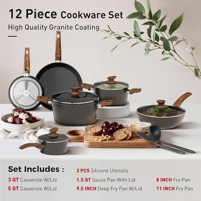DishDelight Induction Pots and Pans Set Non Stick, 12 Piece Granite Kitchen Cookware Sets, Cooking Pot Set Nonstick Non Toxic, PFOA&PFOS Free, Black