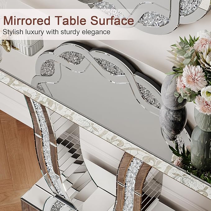 SSLine Modern Mirrored Entryway Table with Rectangle Wall Mirror Set of 2 Luxury Silver Mirror Console Table with 36x24inch Decor Mirror,Crush Diamond U-Shape Hallway Table for Living Room Entrance