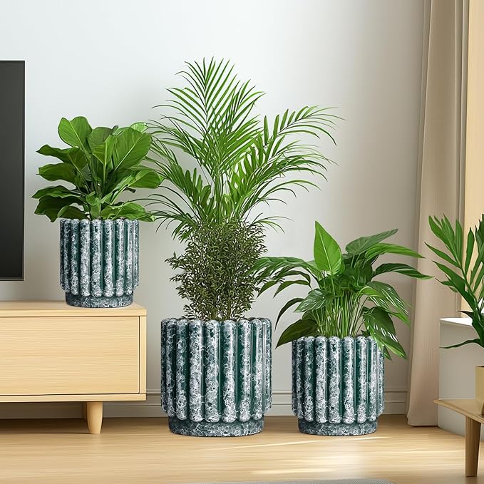 Ceramicfor 12 Inch Ceramic Indoor Planters, Green | Drainage Hole, Fluted Round Design, Indoor & Outdoor Use, Decorative Flower Pots
