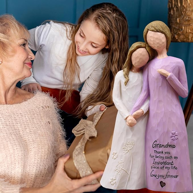 Grandma Birthday Gifts from Granddaughter, Great Grandma Gifts for Birthday Christmas Mothers Day, Grandmother Granddaughter Embrace Hand-Painted Resin Figurine(Purple)