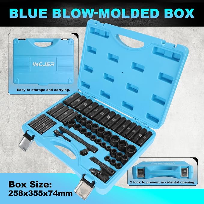 Impact Socket Set, 3/8 inch 50 Piece SAE and Metric Set, Standard SAE (5/16 to 3/4 inch) and Metric (8-22mm) 6 Point, Extension Bars, Impact Universal Joint, Adapter, Cr-V Steel