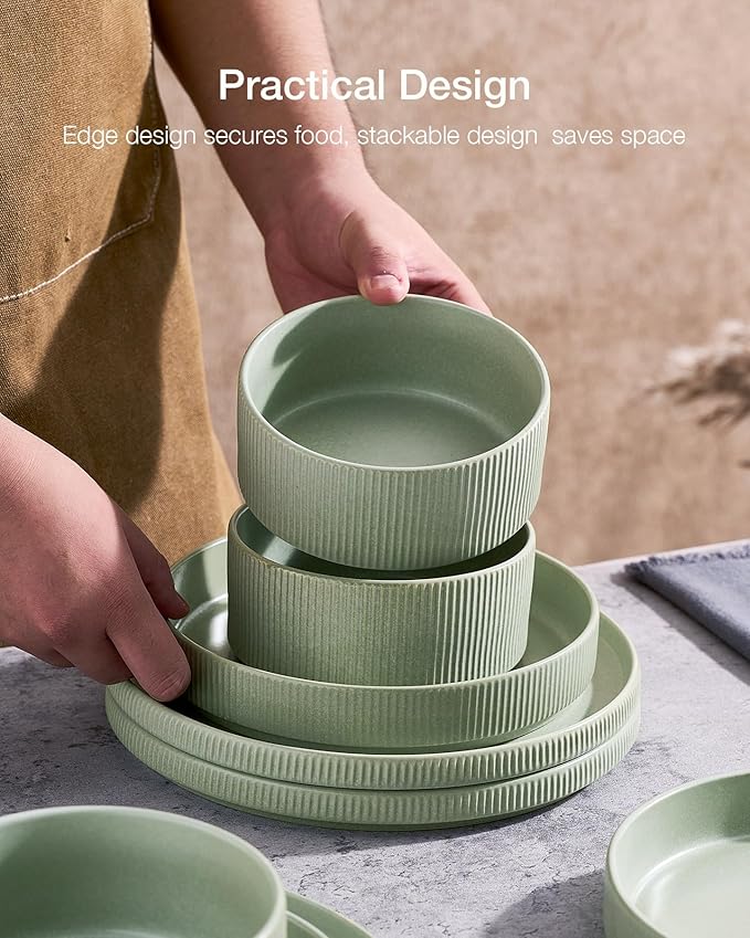 Famiware Star 16-Piece Stoneware Dinnerware Sets for 4 - Shallow Pasta Bowls & Flat Plates, Modern Rustic Reactive Glaze Dishes, Chip & Scratch Resistant, Microwave & Dishwasher Safe, Matte Sage Green
