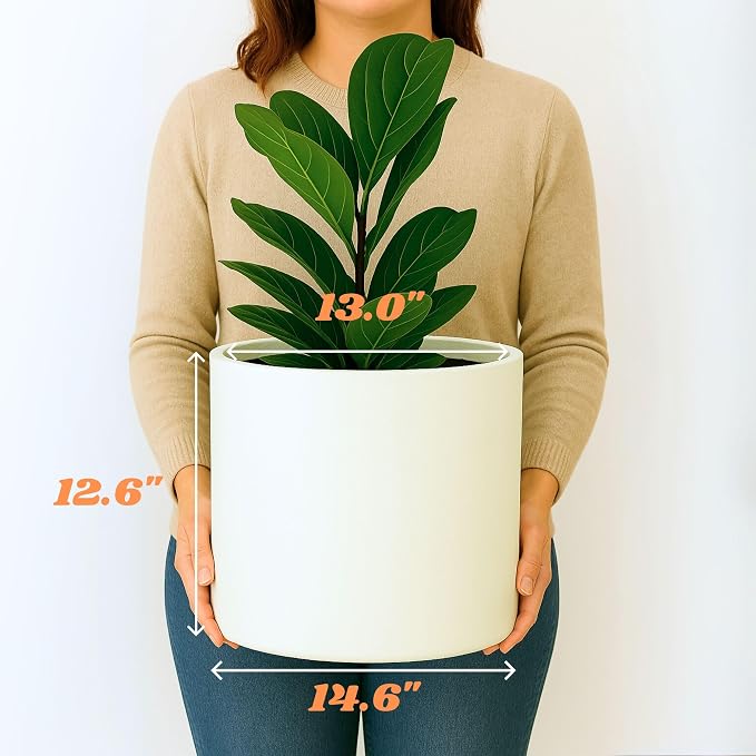Fox & Fern Large Indoor Planter, Modern Large Plant Pot for Indoor or Outdoor, UV and Frost Resistant - 14.6 Inch, Matte White Flower Pot with Drainage Plug, Lightweight