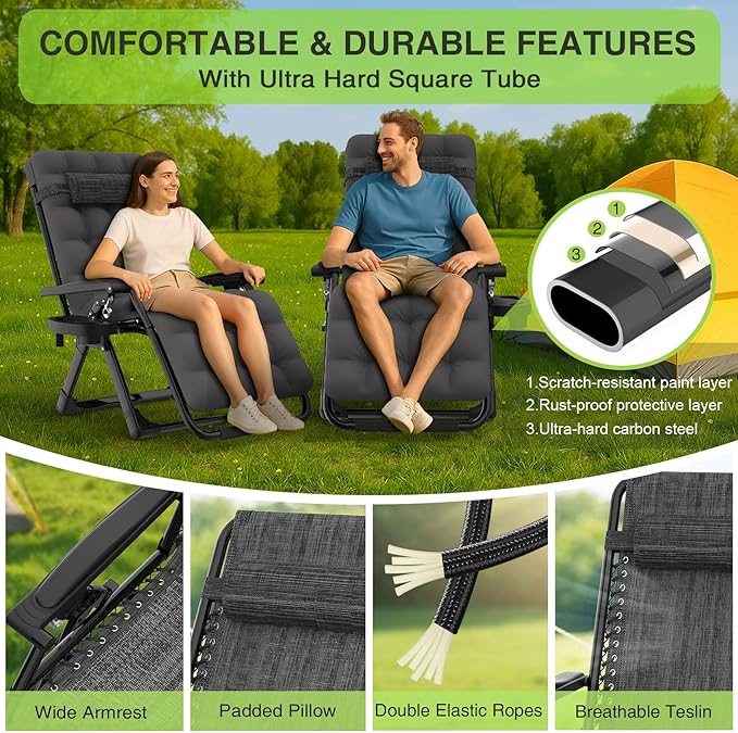 Suteck Zero Gravity Chair, Reclining Camping Lounge Chair w/Removable Cushion, Upgraded Lock and Cup Holder, Reclining Patio Chairs Folding Recliner for Indoor and Outdoor