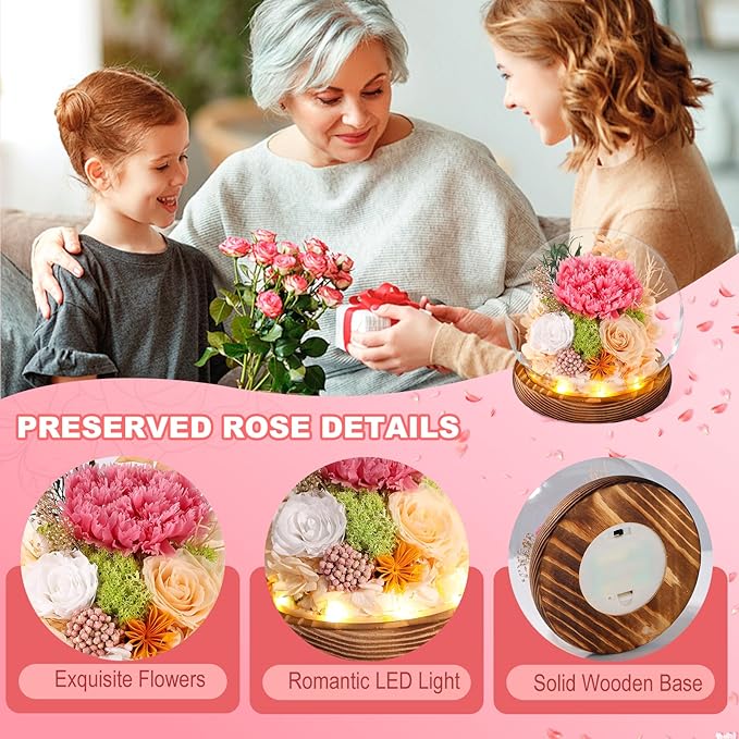 FIACO Gifts for Mom Women Preserved Flowers in Glass Dome Forever Flowers for Delivery Prime Eternal Roses Mothers Day Birthday for Grandma Sister Daughter Wife Her Girlfriend, Pink