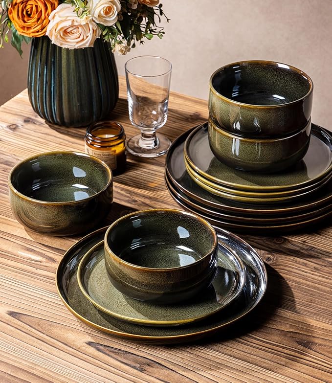 TheTerra Ceramic Dinnerware Sets for 6, 18 Pieces Handmade Reactive Glaze Plates and Bowls Set, Scratch Resistant Dish Set, Oven & Microwave & Dishwasher Safe, Olive Green