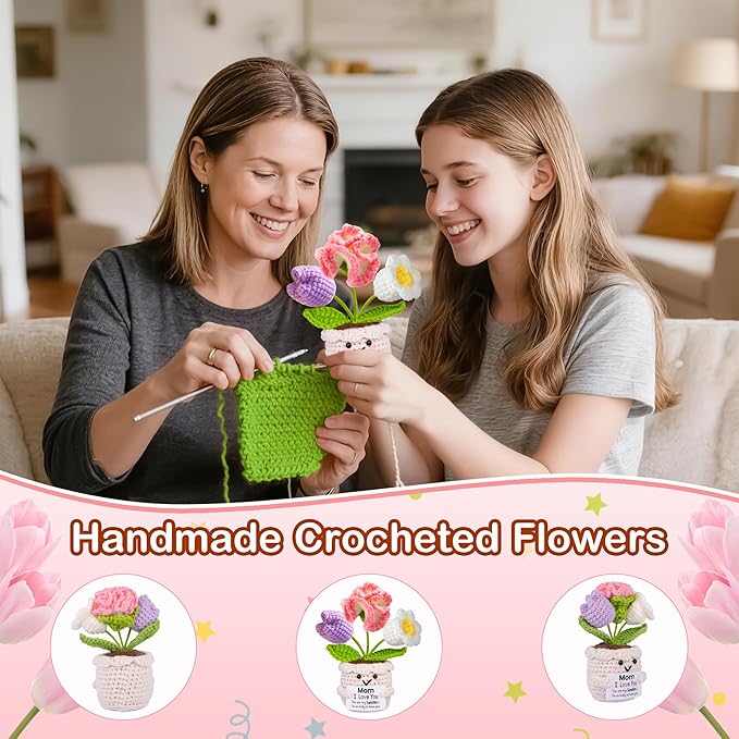 Mothers Day Mom Gifts for Mom, Gifts for Moms from Daughter Son, Mother's Day Birthday Gift for Moms Mother in Law Step Mama, Cute Handmade Crochet 3 Flowers Pot Doll I Love You Present for Mum