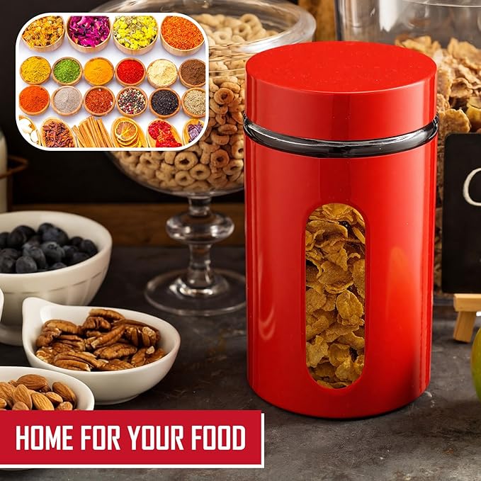 Patelai 6 Pack Kitchen Canisters Set 20 oz Airtight Stainless Steel Canister Food Storage Container with Window Glass, Coffee Sugar Candy Jars Tea Organizer for Flour Cookies Spice (Red,32 oz)