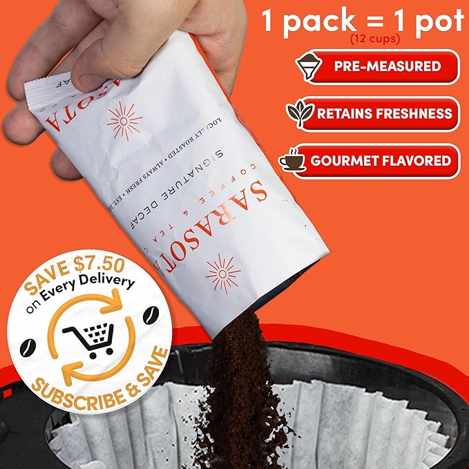 Coffee Packets – Dark Roast Decaf Ground Packs, Low Acid Pre-Measured 2oz Bags for 12-Cup Drip Brewers, Bulk Single-Pot Commercial Pouches