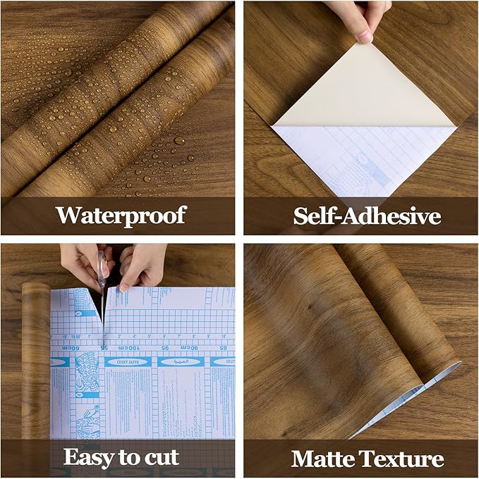 COSNIGHT Wood Contact Paper Peel and Stick - Brown Self Adhesive Vinyl Wrap Wooden Grain Waterproof Wallpaper - 15.7''x118'' Removable Nature Wall Paper for Cabinet Countertop Kitchen