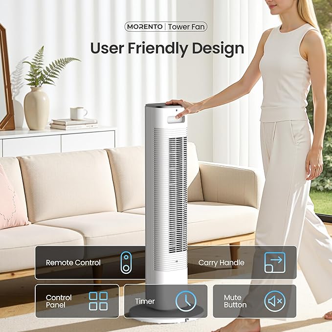 MORENTO 36-Inch Smart Tower Fan with Remote, 25ft/s Standing Fan with WiFi, App & Voice Control, 4 Modes, 4 Speeds, 12-Hour Timer, 90° Oscillating Fan for Bedroom and Office, White, 1 Pack