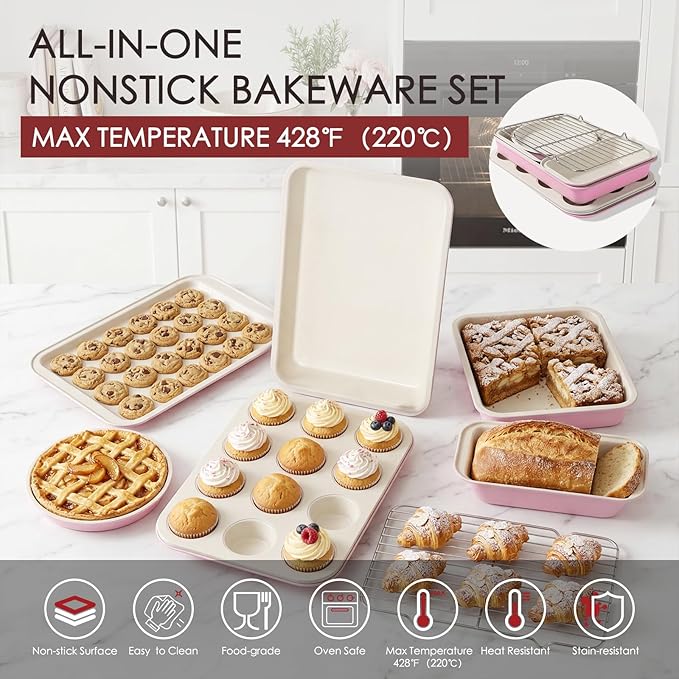 Kikcoin Pots and Pans Set Non Stick 31 Piece Kitchen Nonstick Cooking Cookware Sets with Grill Pan Saucepan Baking Sheet Utensil, Pink