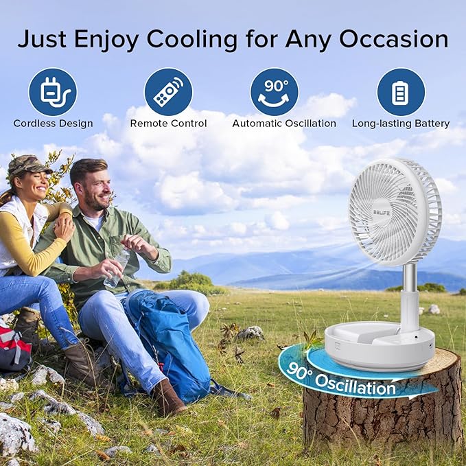Belife X8 Portable Fan, Cordless 7200mAh Battery Operated Oscillating Fan, USB Rechargeable Desk Floor Fan with Remote, Foldable Telescopic Fan for Home Bedroom Sleeping Office Camping Travel (White)