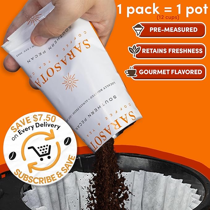Coffee Packets – Butter Pecan Ground Packs, Gourmet Medium Roast, Low Acid 2oz Pre-Measured Bags for 12-Cup Drip Brewers, Bulk Southern Texas Pecan Single-Pot Pouches, 36 Count