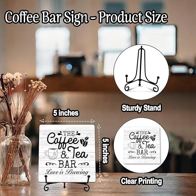 Coffee Bar Sign, Love is Brewing Farmhouse Tabletop Decor, Coffee and Tea Lover Gifts, 5x5 Wood Plaque with Iron Stand for Home Kitchen Cafe, Coffee Bar Decor – L09