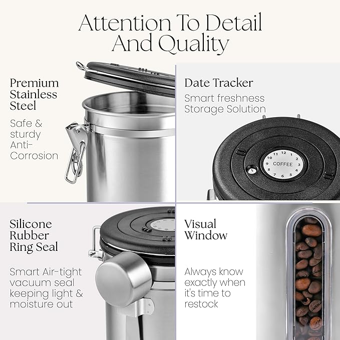 Mixpresso 16 Oz Stainless Steel Coffee Canister with Scoop and Window – Airtight Coffee Container with CO2 Valve for Bean Storage, Date Tracker Lid