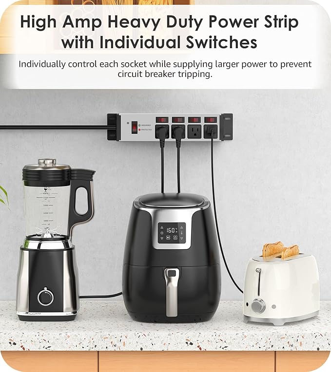 CCCEI Heavy Duty Surge Protector Power Strip 20 Amp Individual Switches. 4FT 12 Gauge Extension Cord with Multiple Outlets. Kitchen, Garage, Shop, Industrial Wall Mount Electric Extender, Grey.