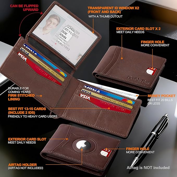 Wallet for Men Slim RFID Blocking Bifold Carbon Fiber,Minimalist Small Compact Front Pocket Credit Card Holder,Thin Mens Leather Wallets Smart Security With 2 ID windows 1 Cash (Oil Wax Brown)