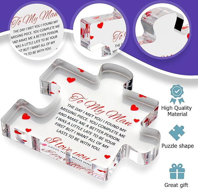 to My Man - Engraved Acrylic Block Puzzle 4.1 x 3.5 inch Gifts for Him for Husband - Fiance Birthday Gifts, Valentines Day Gift for Boyfriend - Cool Wedding Couple