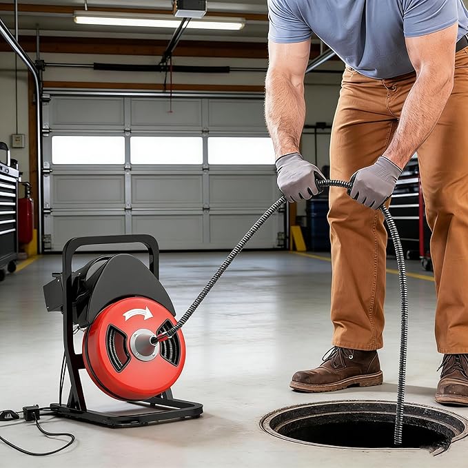 Garvee 50FTx1/2 Inch Drain Cleaner Machine with Wheels, Sewer Snake Electric Drain for 2" to 4" Pipes, Plumbing Snake Auger Cleaner with 6 Cutter & Foot Switch for Sewer, Sink, Toilet, Bathroom