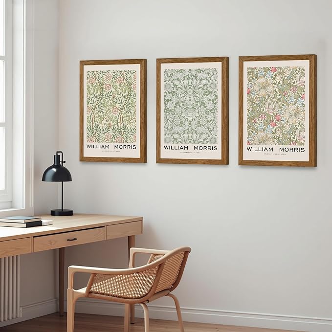 JLTULT 3 Piece Wood Frames Vintage Floral Canvas Wall Art, William Morris Flower Pattern Wall Decor, Nature Botanical Picture Artwork Prints for Living Room Bedroom Office 16x24 inch Easy to Hang