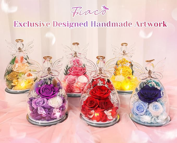 Gifts for Mom Mothers Day Birthday Gifts for Women Preserved Rose Forever Flower in Glass Angel Figurines Fresh Flowers for Delivery Anniversary Real Colorful Roses for Grandma Her Wife from Daughter