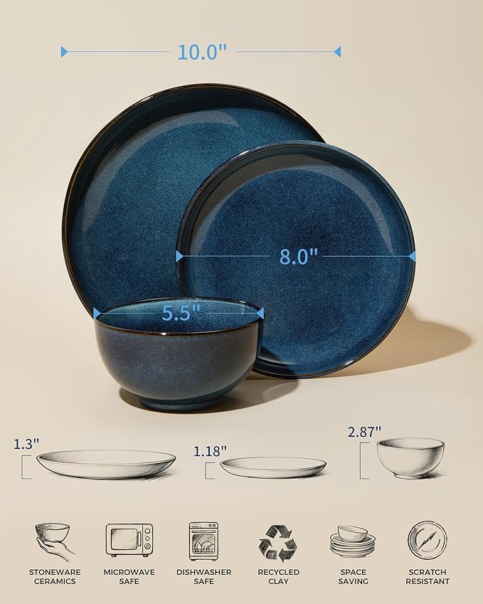 Pokini Stoneware Dinnerware Sets Service for 4, 12 pcs Reactive Glaze Plates and Bowls Sets, Handmade Ceramic Dish Set, Highly Chip and Crack Resistant Modern Plate Set, Starry Blue
