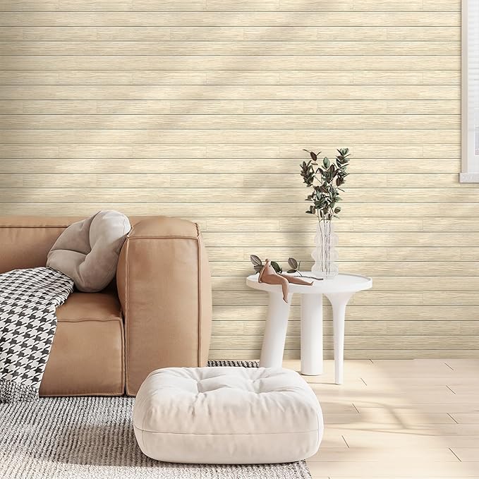 COMSTICKC Peel and Stick Faux Wood Wall Sticker Wall Panels, 10 Pcs of 12" x 12", Ultra-Light Thin PVC 3D Fake Wood Shiplap Self-Adhesive Wall Covering Wallpaper for Interior Farmhouse Decor, Yellow
