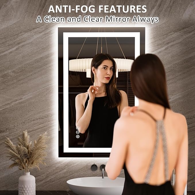 LOAAO 23.6"x35.4" LED Bathroom Mirror with Lights, Anti-Fog, Dimmable, Backlit + Front Lit, Lighted Bathroom Vanity Mirror for Wall, Memory Function, Tempered Glass, Safe to Use, ETL Listed